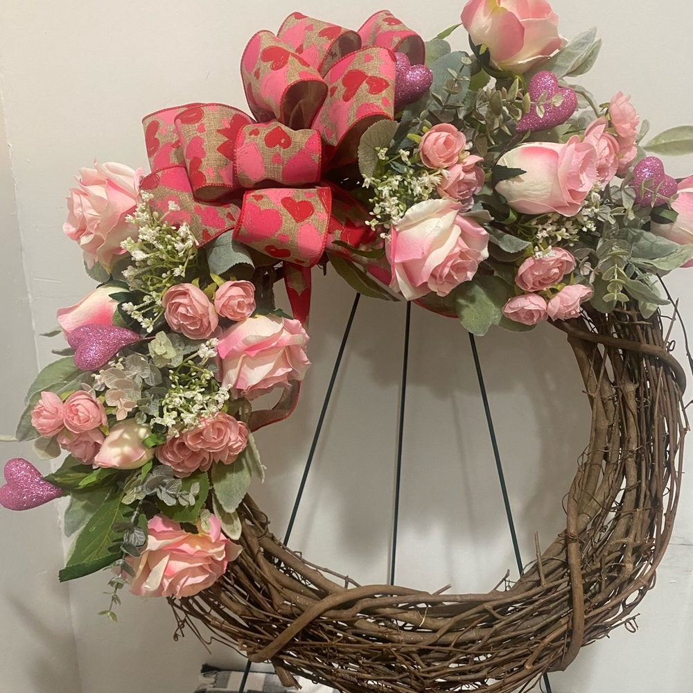 Grapevine Wreath,Valentine’s Day Wreath,SpringWreath,Lambs Ear,Valentines decor